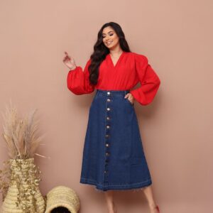 Saia Jeans Cristã Cintura Alta Azul Escuro Com Botões e Bolsos Moda Feminina Evangélica