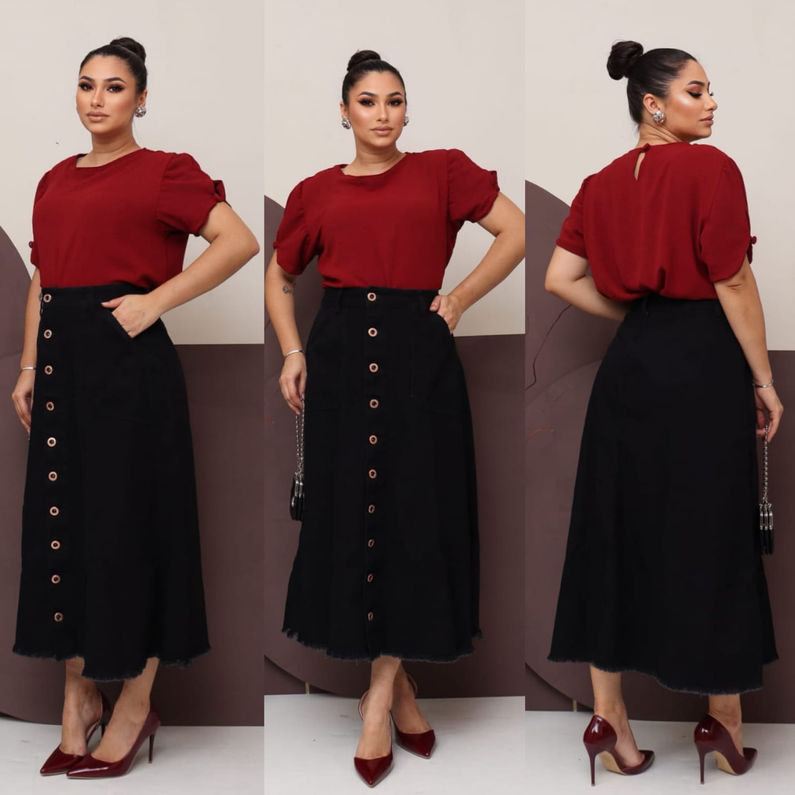 12df42b6c30d76fe8037f544956264c7.jpg Saia Jeans Longa Preta Toda Lisa Com Botões e Bolsos Moda Evangélica 100% Jeans Luxo - Imagem 6