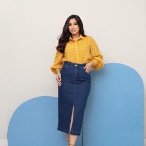 Saia Jeans Com Abertura Frontal Azul Claro Feminina Evangélica Social