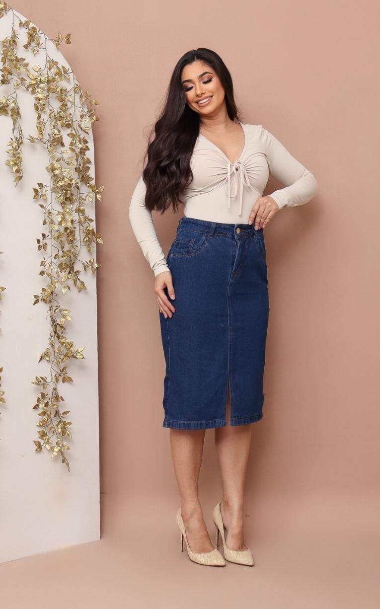 22dc2c28a82236f9139b9ddc30605b20.jpg Saia Jeans Feminina Longa Com Fenda Evangélica Secretária 100% Algodão - Imagem 5