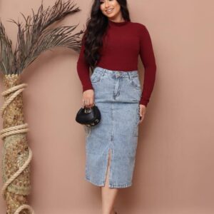 Saia Jeans Cargo Longa  Feminina Com Abertura e Bolsos Moda Cristã Evangélica