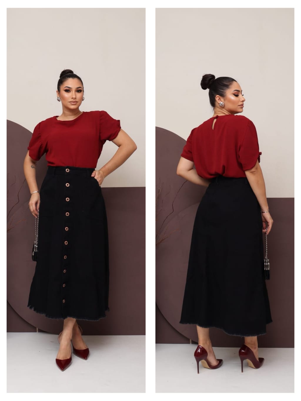 29afd4906bc7a76ed166e81cbdcea04a.jpg Saia Jeans Longa Preta Toda Lisa Com Botões e Bolsos Moda Evangélica 100% Jeans Luxo - Imagem 5