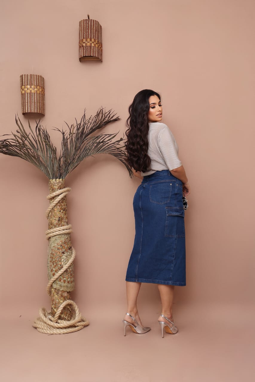 3351924cbec47f56f33f900633ddf87d.jpg Saia Jeans Cargo Azul Escuro Com Fenda e Bolsos Evangélica - Imagem 5