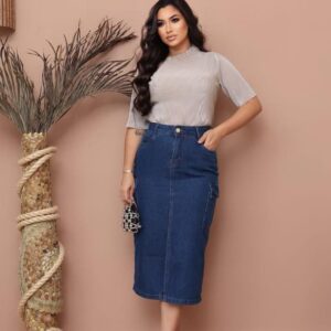 Saia Jeans Cargo Azul Escuro Com Fenda e Bolsos Evangélica
