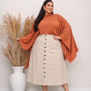 Saia Jeans Longa Plus Size Feminina Cintura Alta Evagelica Cor Creme 50 ao 54 Sem Lycra