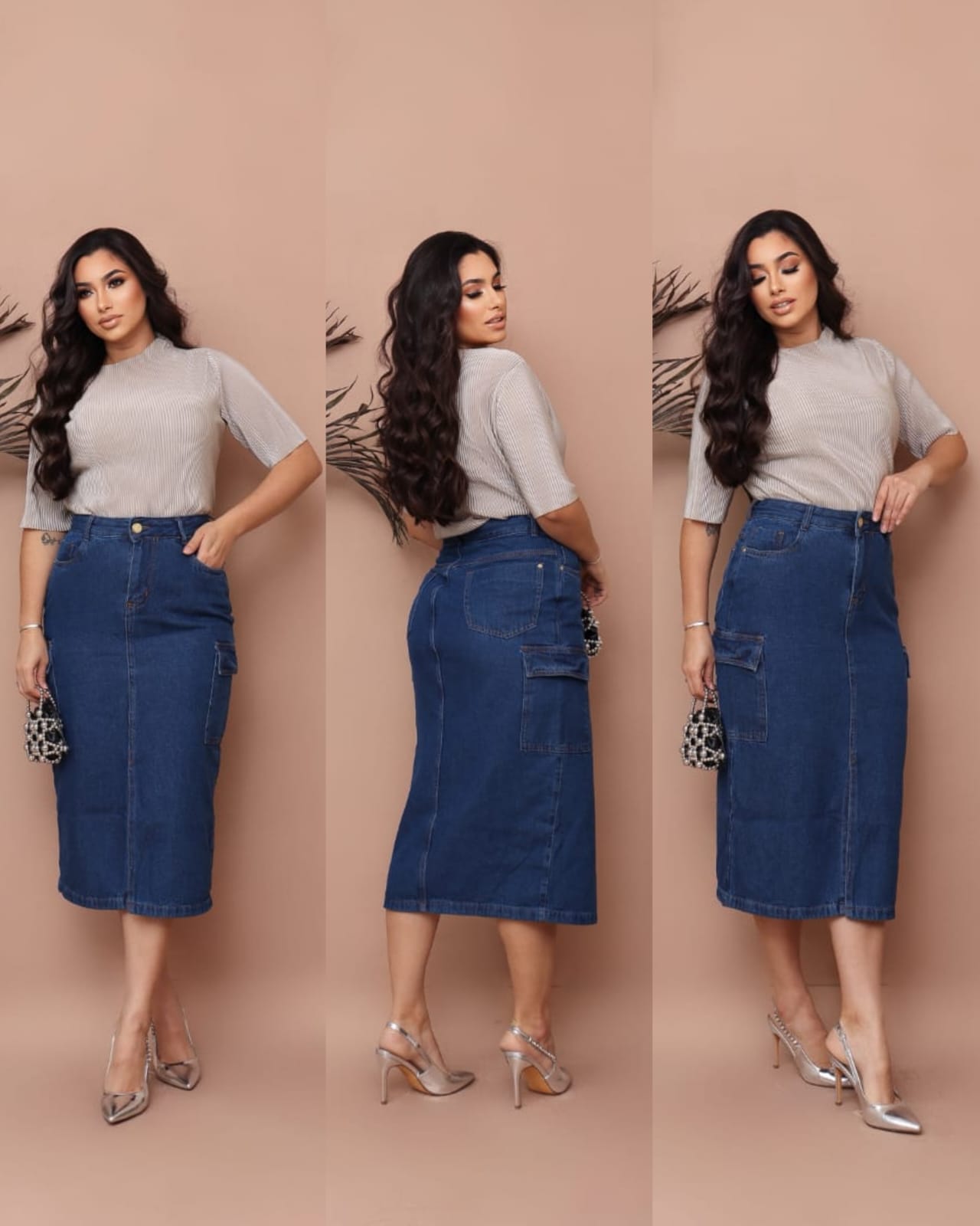3a5a20faec92c700343b6e20c39989ea.jpg Saia Jeans Cargo Azul Escuro Com Fenda e Bolsos Evangélica - Imagem 6
