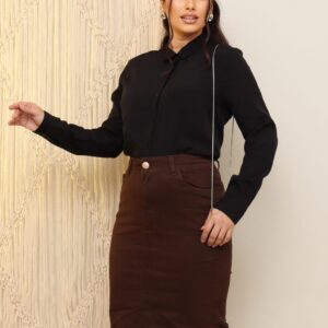 Saia Jeans Com Lycra Longa Lavagem Marro Escuro Moda Cristã Evangélica Feminina Secretaria Cintura Alta 38 ao 48 Premium