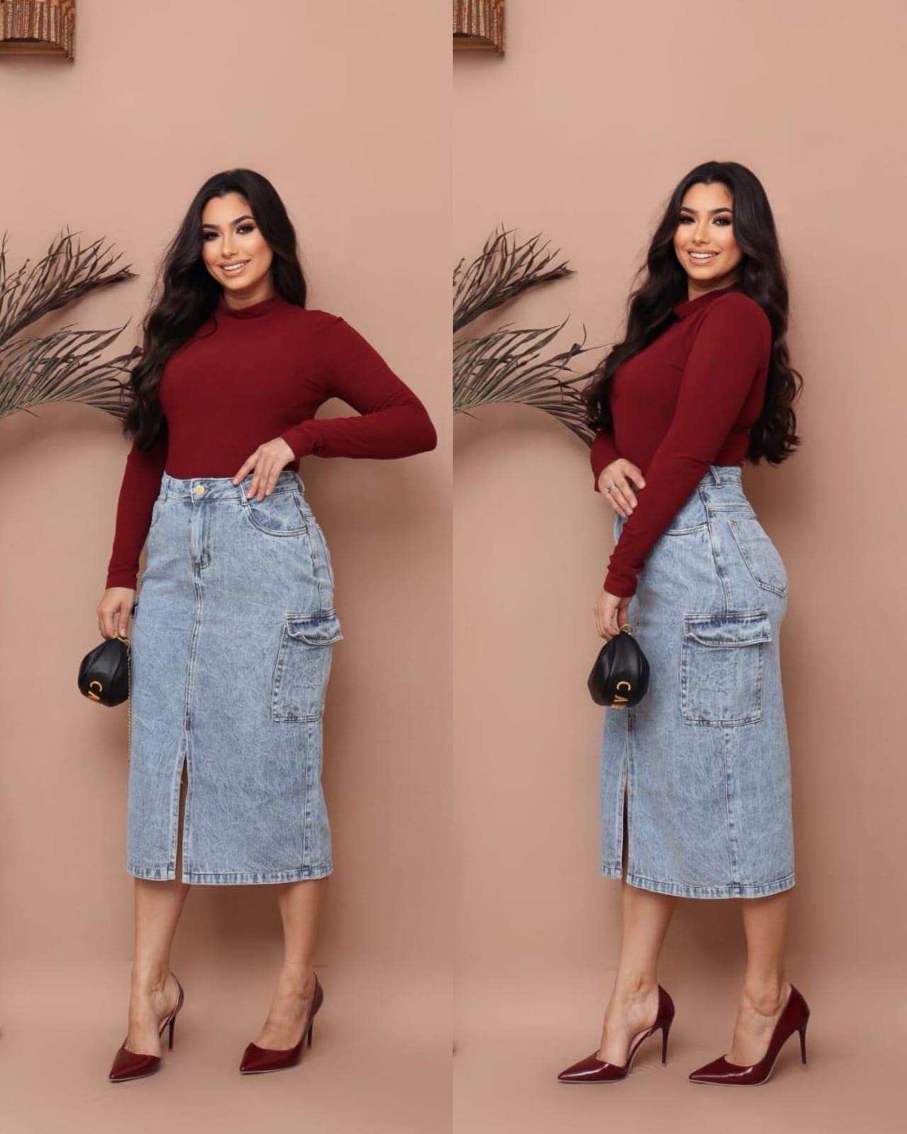 8279b6c332cc4d92de7b38285c8f5c63.jpg Saia Jeans Cargo Longa Feminina Com Abertura e Bolsos Moda Cristã Evangélica - Imagem 7