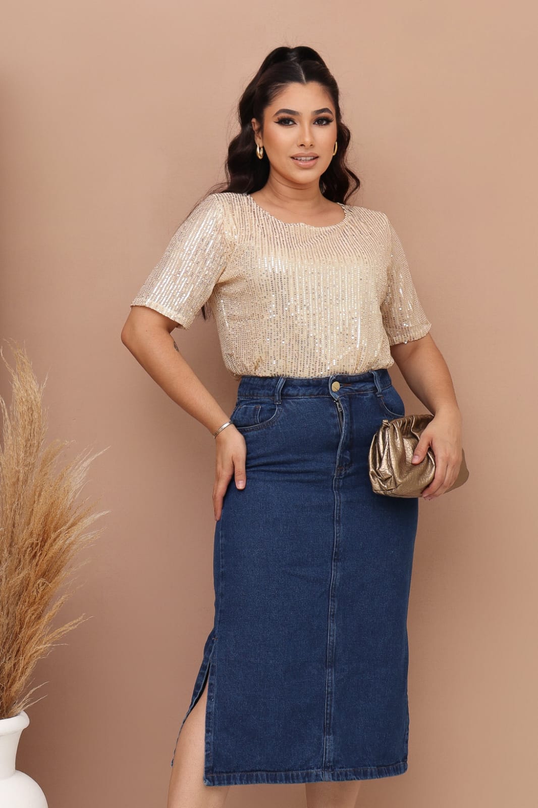 8daa30927b28eaa04bb8953551e0cffa.jpg Saia Jeans Feminina Longa Cintura Alta Com Fenda Midi Evangélica 38 ao 48 Azul Escuro - Imagem 4
