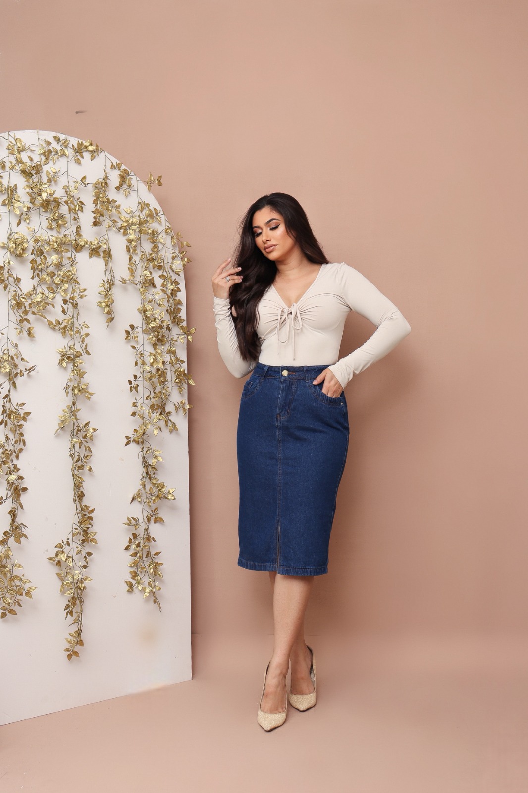 9166d4143d40f959249e6f7ae2bc4035.jpg Saia Jeans Feminina Longa Com Fenda Evangélica Secretária 100% Algodão - Imagem 3