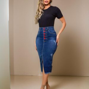 Saia Jeans Longa com Botões Feminino Moda Evangélica