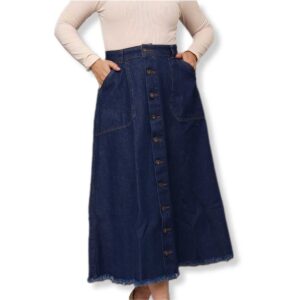 Saia Jeans Longa Lisa Cintura Alta Feminina Com botões Azul Escuro Moda Evangélica 100% Jeans