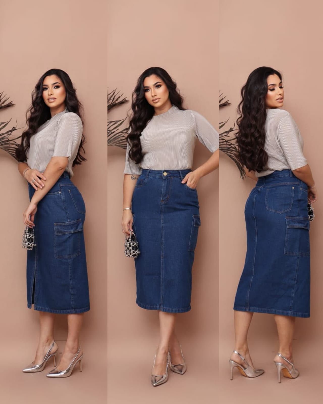 ac5ae33910b34ee249fec83b4dee627c.jpg Saia Jeans Cargo Azul Escuro Com Fenda e Bolsos Evangélica - Imagem 8