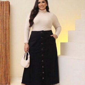 Saia Jeans Longa Preta Moda Cristã Evangélica Tamanho Plus Size Cós Alto e Botões 50 ao 54 Sem Lycra