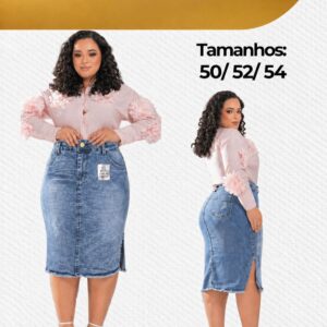 Saia Jeans Marmorizada Feminina Evangélica Estilo Midi Plus Size Com Fenda 50 ao 54