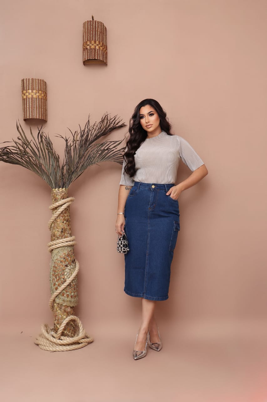 bfb2c3491285fa3e204f9a82d07c9697.jpg Saia Jeans Cargo Azul Escuro Com Fenda e Bolsos Evangélica - Imagem 2