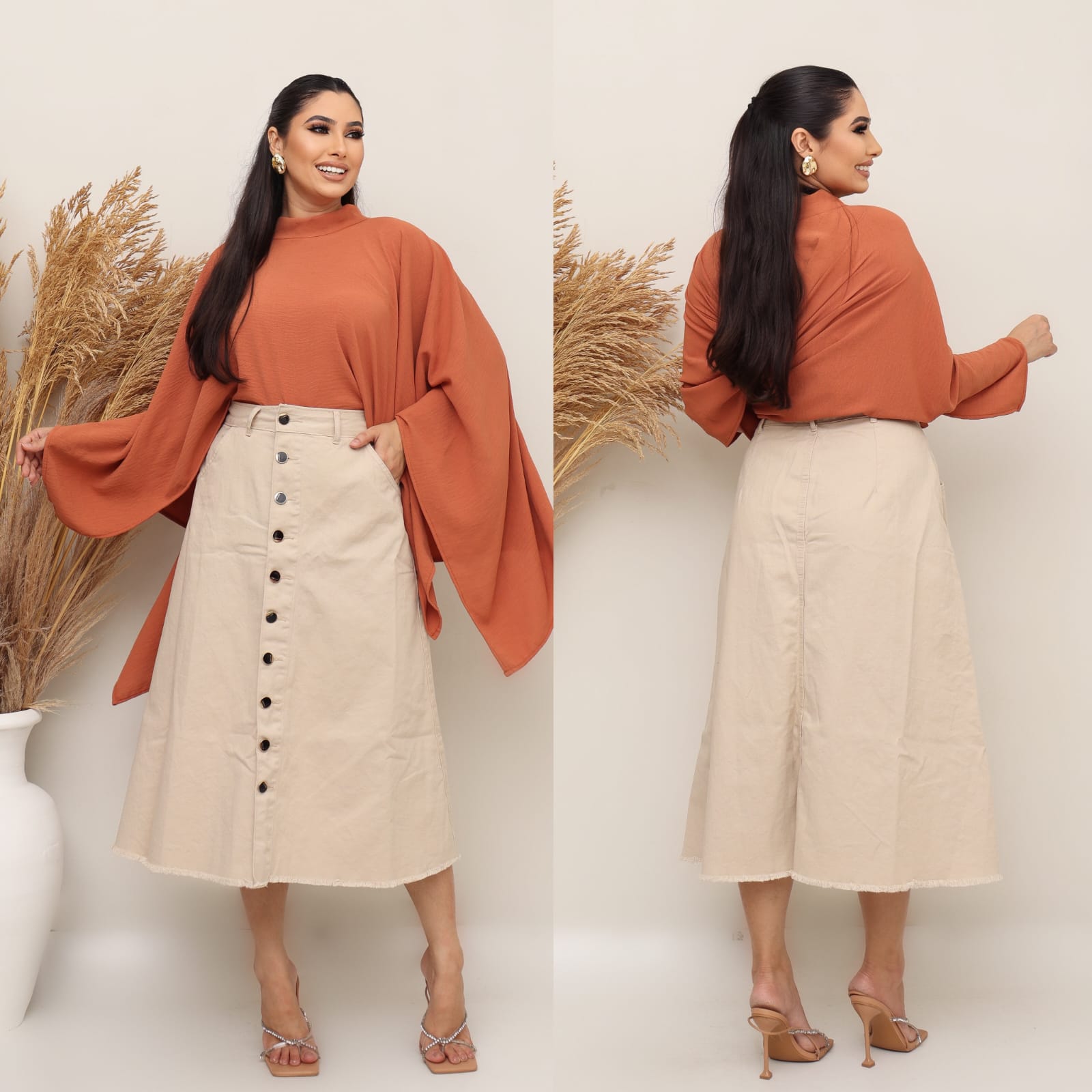 c695cfc944e831e3b8f204d16b821c13.jpg Saia Jeans Longa Plus Size Feminina Cintura Alta Evagelica Cor Creme 50 ao 54 Sem Lycra - Imagem 4