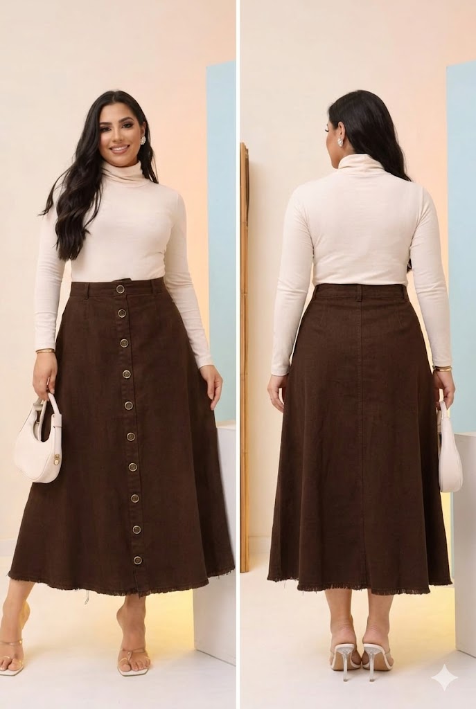 c6bf9cb04e13d099e92dc92261510b56.jpg Saia Jeans Longa Elegante Evangélica Botões Cintura Alta Marrom Escuro Bolsos Cristã - Imagem 4