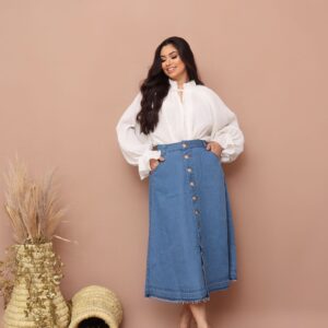 Saia Jeans Cristã Cintura Alta Azul Claro Com Botões e Bolsos Moda Feminina Evangélica