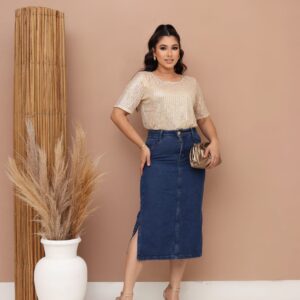 Saia Jeans Feminina Longa Cintura Alta Com Fenda Midi Evangélica 38 ao 48 Azul Escuro