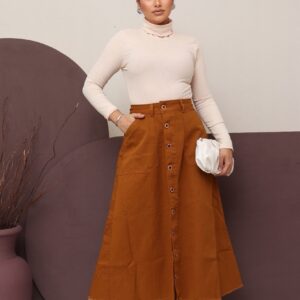 Saia Jeans Evangélica Feminina Longa Caramelo Com Botões e Bolsos 100% Jeans Luxo