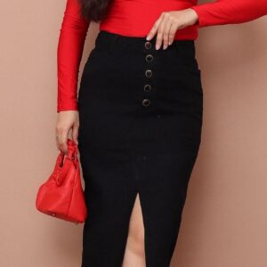 Saia Jeans Com Lycra Longa Cintura Alta Feminina Moda Cristã Evangélica Secretaria 38 ao 48 - Saia Jeans Preta,36