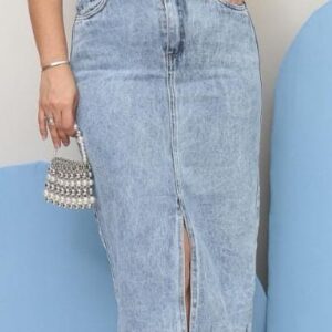 Saia Jeans Cargo Longa Feminina Com Abertura e Bolsos Moda Cristã Evangélica - SAIA AZUL CLARO/ NÃO CARGO,36
