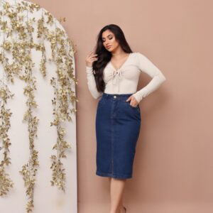 Saia Jeans Longa Feminina Cintura Alta Com Fenda Moda Evangélica - Jeans Azul Escuro,34